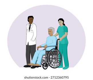 Projeto de ilustração vetorial de um homem idoso sentado em uma cadeira de rodas e sendo empurrado por uma enfermeira em verde e ao lado dele há também um médico em branco andando à sua esquerda.