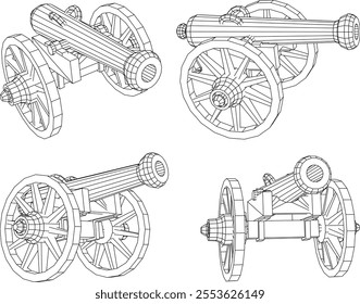 vector illustration design of old war weapon classic vintage cannon with running wheels