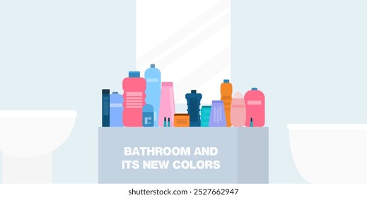 Vector illustration. Design on the subject of cosmetics, chemistry, cleaning, care. Hair, skin, body care. Bathroom products. Cleanliness industry.