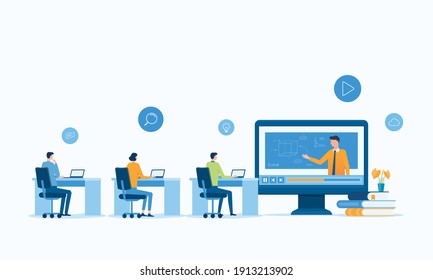 vector illustration design online education and E-learning at home by webinar training and design for Webinar, online video training, tutorial podcast and business coaching concept. 