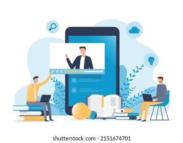 vector illustration design online education and E-learning at home by webinar training and design for Webinar, online video training, tutorial podcast and business coaching concept.