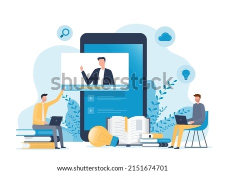 vector illustration design online education and E-learning at home by webinar training and design for Webinar, online video training, tutorial podcast and business coaching concept.