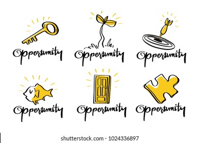 Vector illustration design Opportunity collection doodle style set,  opportunity, target, success, complete, growth up, solution, leadership, business concept.