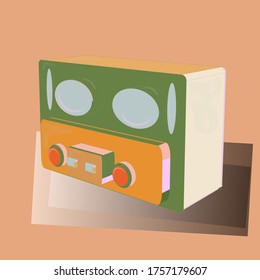 Vector illustration. Design in orange, beige and green colors. Quality design. Old radio isolated on background. 1930s style. 3D.