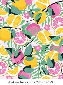 Vector illustration. Design for packaging, design for poster, banner. Lemons, citrus fruits, twigs, flowers.