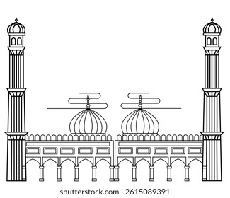 Vector illustration of a design pair of mosque dome shapes and mosque towers. line drawing style. Black and white.