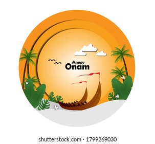 VECTOR ILLUSTRATION DESIGN OF PAPER CUT STYLE, BOAT, COCONUT TREES,BUTTERFLIES,BANANA LEAF. HAPPY ONAM OFFER BANNER , GREETING FOR INDIAN FESTIVAL ONAM. FESTIVE BACKGROUND CONCEPT