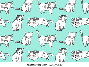 Vector illustration design pattern background adorable cats on green pastel.Doodle style.