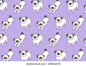 Vector illustration design pattern background cute pug dog on purple pastel.Doodle style.