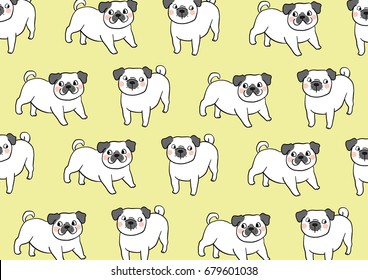 Vector illustration design pattern background cute pug dog on yellow pastel.Doodle style.