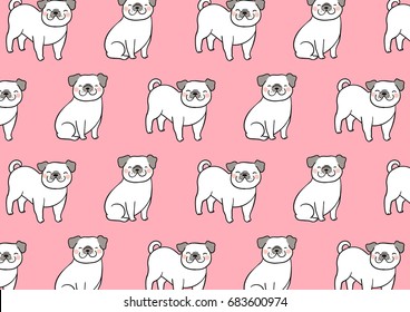 Vector illustration design pattern background cute pug dog on pink pastel.Doodle style.