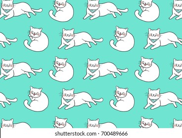 Vector illustration design pattern background white cats on green pastel color.Doodle style.