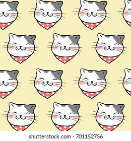 Vector illustration design pattern background head of cats on yellow pastel color.Doodle style.