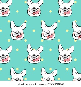 Vector illustration design pattern background white head french bulldog on green pastel and cute polka dots.Draw doodle style.