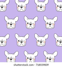 Vector illustration design pattern background head french bulldog on purple pastel color so cute and happy.Draw doodle style.