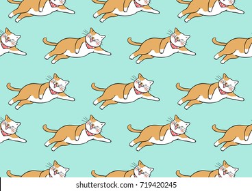 Vector illustration design pattern background brown cat lying and laughing so cute and happy.Draw doodle style.