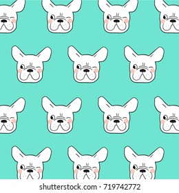 Vector illustration design pattern background head french bulldog on green pastel color so cute and happy.Draw doodle style.