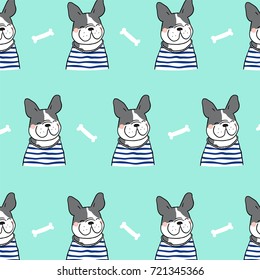 Vector illustration design pattern background french bulldog on green pastel color so cute and happy with bone.Draw doodle style.