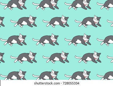 Vector illustration design pattern background cute cat lying on green pastel color.Draw doodle style.