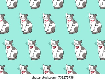Vector illustration design pattern background of cat on green pastel color.Draw doodle style.