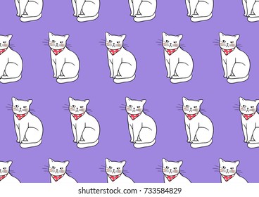 Vector illustration design pattern background of white cat lying on purple pastel color.Draw doodle style.