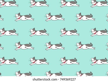 Vector illustration design pattern background cat lying on green pastel color so happy.Draw doodle style.