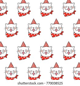 Vector illustration design pattern background face of cat with beautiful party hat and scarf.Doodle cartoon style.