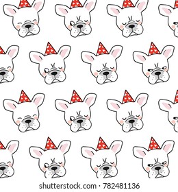 Vector illustration design pattern background head of french bulldog on white color.Doodle cartoon style.