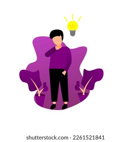 vector illustration design of a person thinking about an idea. purple color vector design