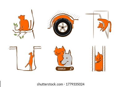 Vector illustration design for pet rescue service. Cat stuck at window, tree, in hole sleeping on wheel a car. Set of pictograms - trouble with domestic cat. Care and help animal in trouble.
