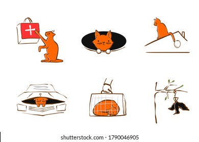Vector illustration design for pet rescue service. The Cat injured its paw, fell into a hole, crawled under hood car. Set of pictograms - trouble with domestic cat. Care and help animal in trouble.