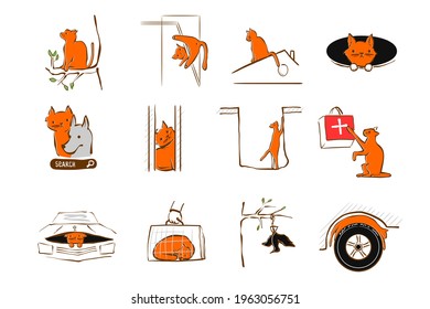 Vector illustration design for pet rescue service. Cat high up in tree, fell through a manhole, got stuck in a wall, stuck window, sleeps under hood car. Trouble domestic cat. Animal in trouble set
