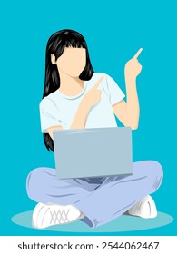 Diseño de Ilustración vectorial con una imagen de una mujer sentada usando una computadora portátil mientras apunta en cierta dirección. conveniente para el uso como decoración del Web, decoración de la presentación e ilustración