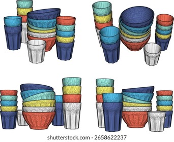 Vektorgrafik-Design eines Stapels von schmutzigen Plastikschüsseln und Gläsern bereit zum Waschen
