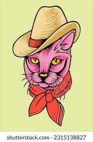 vector illustration design of a pink cat wearing a cowboy hat