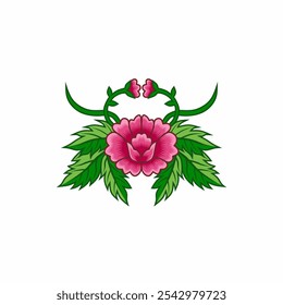 Diseño de Ilustración vectorial de rosa rosa rosa con exuberantes hojas verdes, que refleja los matices de la belleza natural y la elegancia artística. Ideal para proyectos decorativos, botánicos o de temática primaveral.