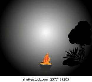 Vector illustration design of a pitch-black night with trees and a burning stove