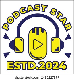 diseño de Ilustración vectorial para podcast star estd 2024 con micrófono y auriculares en amarillo y azul con un estilo simple. adecuado para logotipos, íconos, carteles, anuncios, Anuncios, empresas, camiseta.