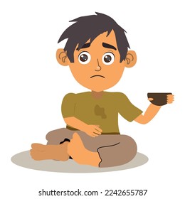 Vector illustration design of a poor boy begging with an empty bowl. Homeless boy.