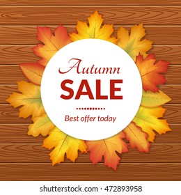 vector illustration. The design of the poster autumn sales. Yellow, orange leaves on a wooden texture, frame for text.