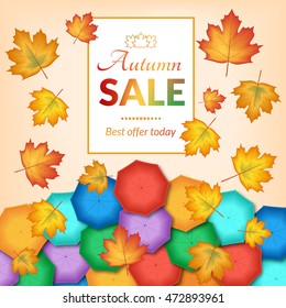vector illustration. The design of the poster autumn sales. Yellow, orange leaves, colorful umbrellas, frame for text.