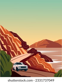 Vector illustration. Design for poster, banner, travel postcard. Mountain road. mountain serpentine, car on the road.