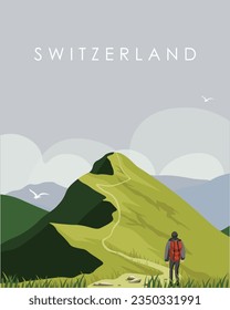 Vector illustration. Design for poster, banner, travel postcard. Switzerland, Alps. Hiking, tourist.