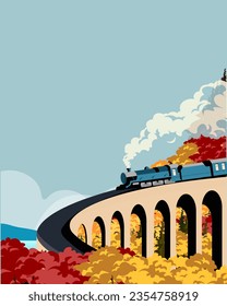 Vector illustration. Design for poster, banner, greeting card, travel banner. Mountain slope, big landscape, railway, train.