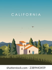 Vector illustration. Design for poster, banner, postcard, tourist guide, cover. Trips. America. California. Cartoon style, flat design.