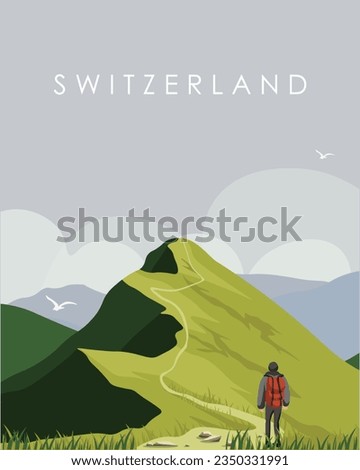 Vector illustration. Design for poster, banner, travel postcard. Switzerland, Alps. Hiking, tourist.