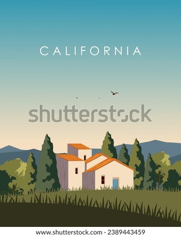 Vector illustration. Design for poster, banner, postcard, tourist guide, cover. Trips. America. California. Cartoon style, flat design.