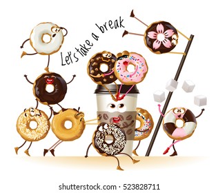 Vector illustration design a poster with cartoon characters donuts