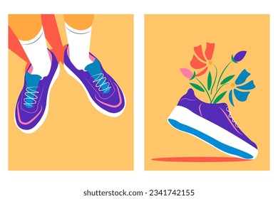 Vector illustration. Design for poster, cover. Poster set. Sports shoes, sports, activity, athlete, football, sneakers.
