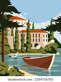 Vector illustration. Design for poster, greeting card, travel postcard. Coast of Italy. Italian Riviera. Lake Como.